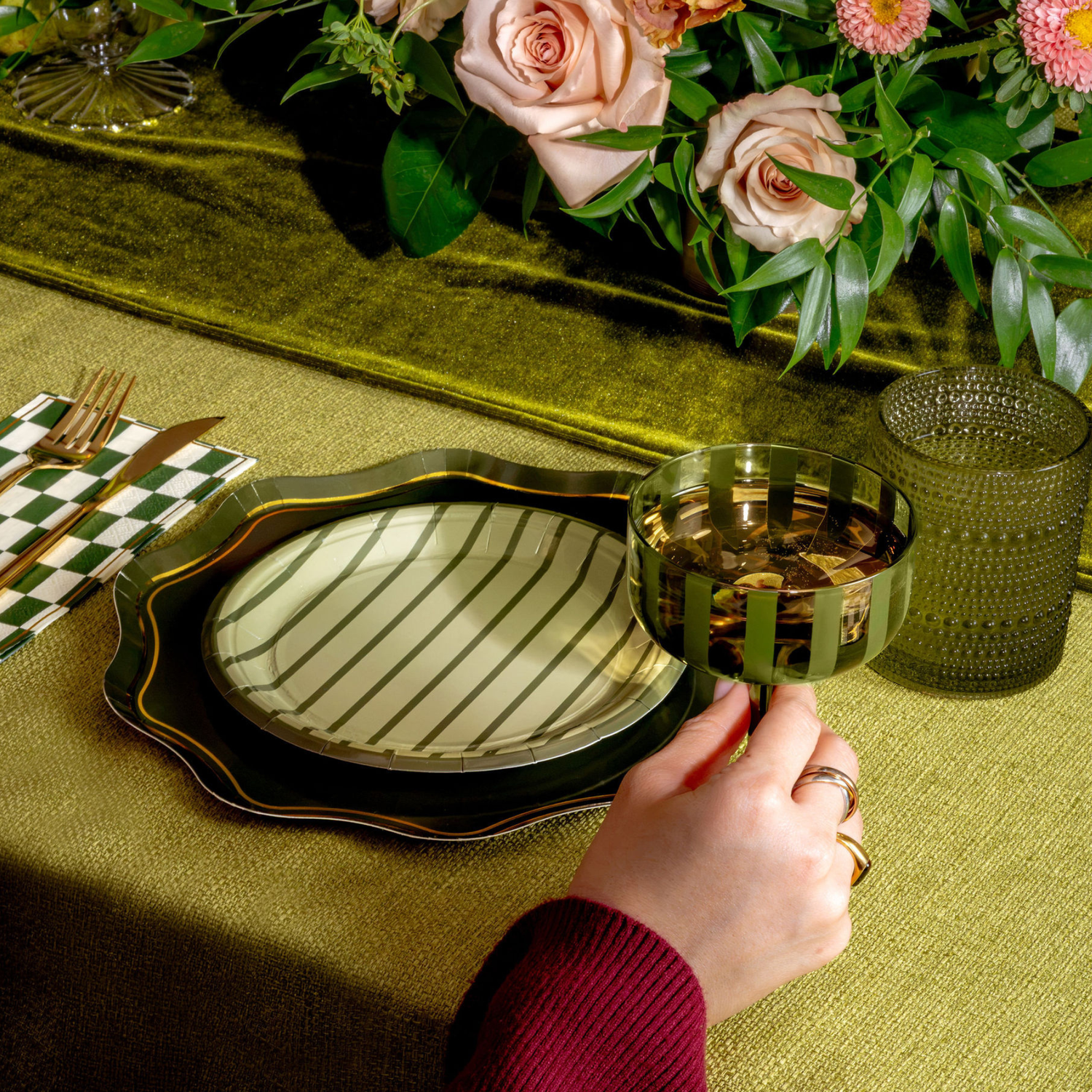 Olive Pinstripe Snack Plates